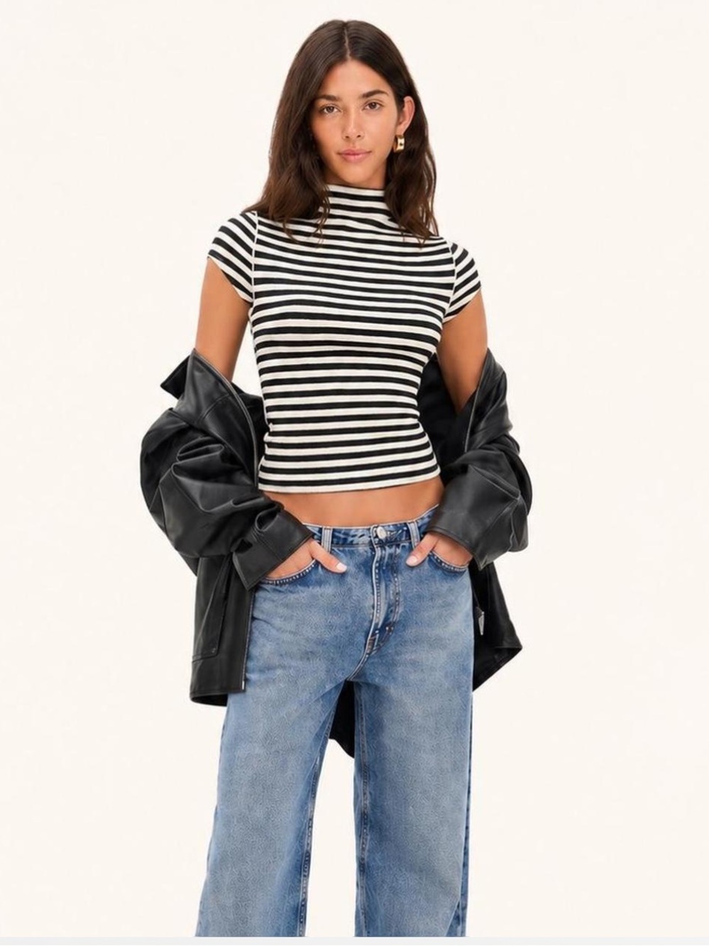 Free People NWT Black White Striped Mock Neck Top Coastal Chic Fitted Tee